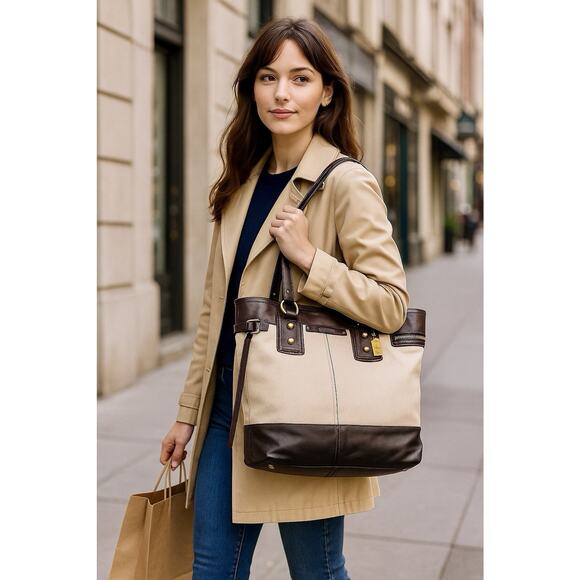 Coach 65th Anniversary Hampton LG Canvas Leather Tote Gold Accents Money Classic